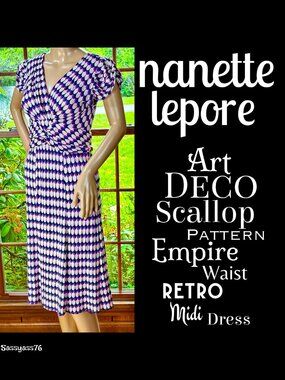 ▪️NANETTE LEPORE▪️Art Deco Scallop Pattern Empire Waist Retro Midi Dress
